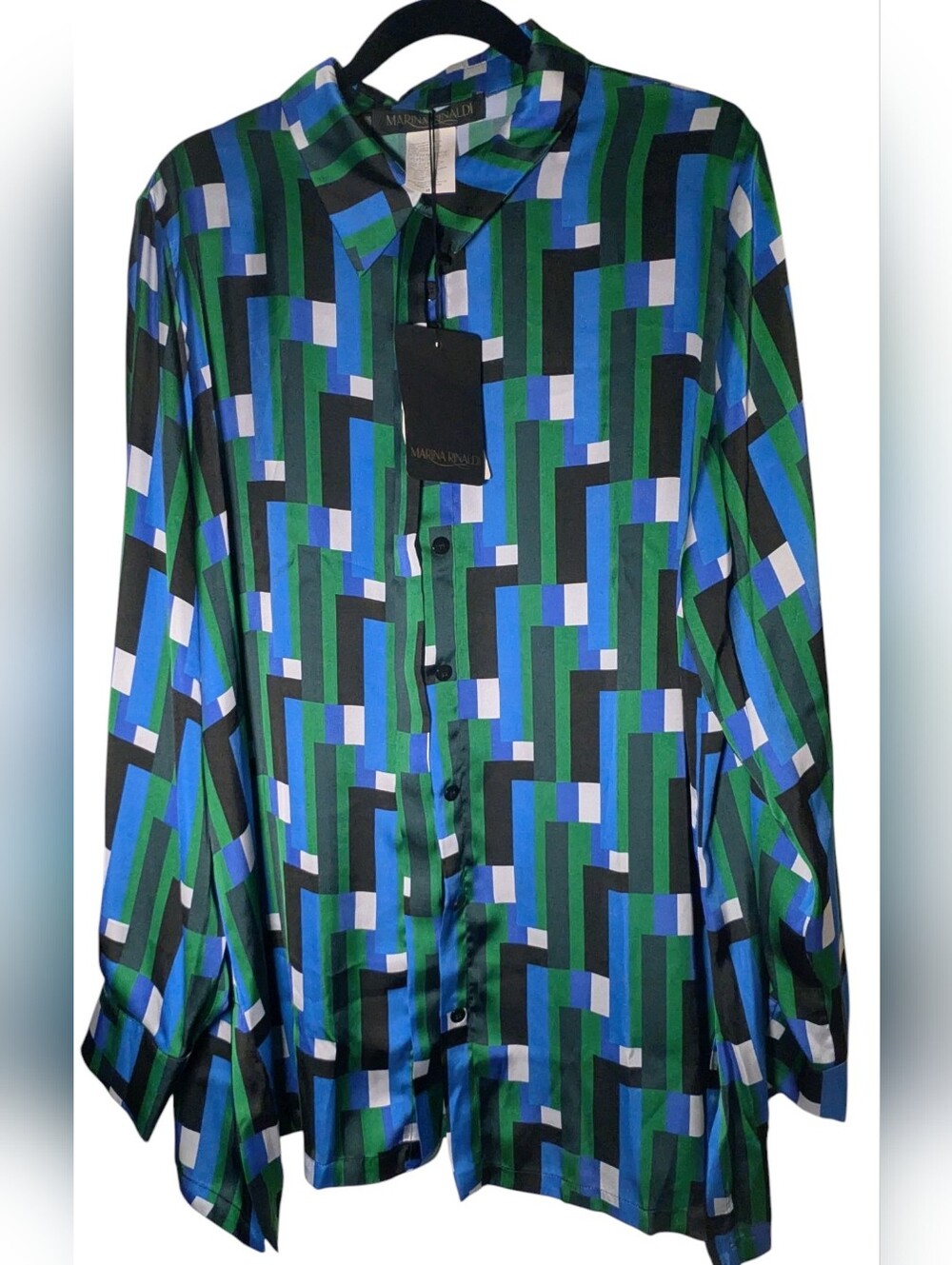 Marina Rinaldi Geometric Silk-Feel Concealed Button Blouse 20 NWT $345
